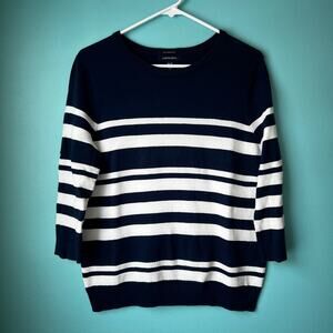 Lands End Navy Blue and White Striped Cotton Blend 3/4 Sleeve Pullover Sweater M